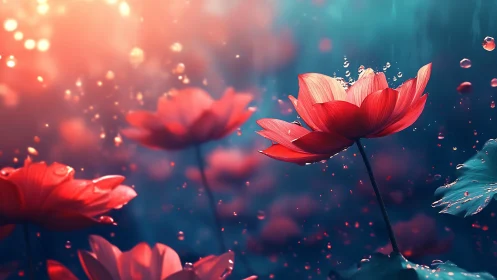 Red Lotus Flowers: Ethereal Water Garden in Soft Light.