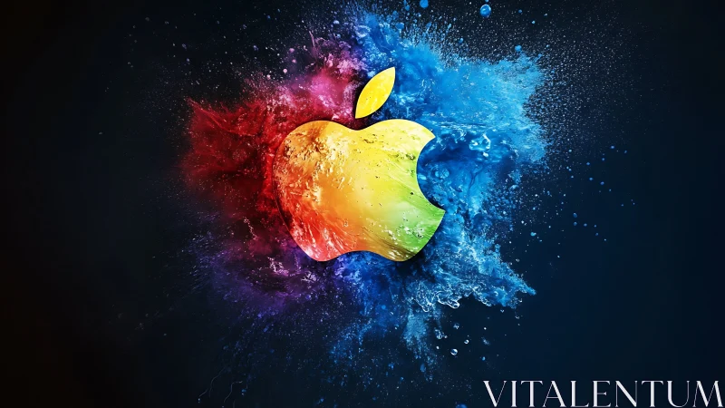 Colorful apple logo sits in a bold splash of digital paint