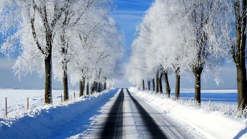 Linear winter roadway perspective with frost laden deciduous trees