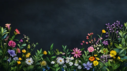 Color-drenched wildflower border on dark textured backdrop.