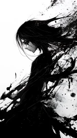 Monochrome ink warrior dissolving into abstract splashes.