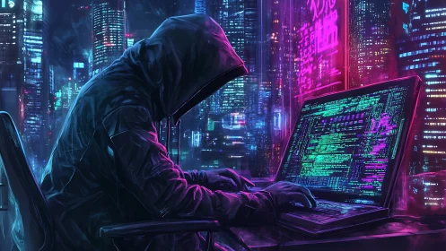 Neon-drenched cyber phantom stitches secrets into city light