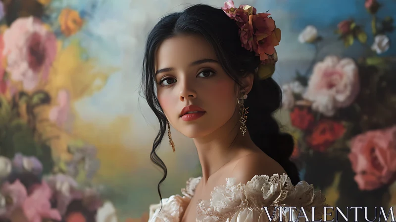 Romantic floral portrait of young woman in baroque dress