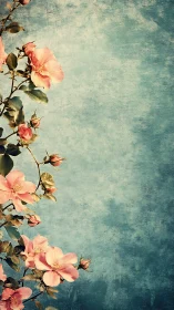 Pink flowering branch on textured blue background. Period.