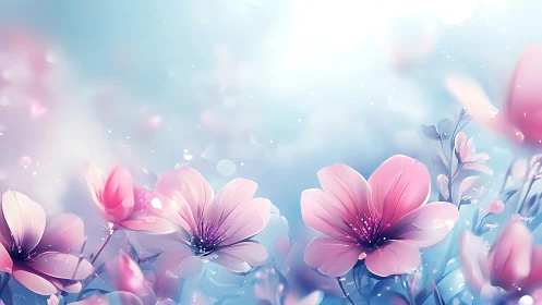 Soft Focus Pink Cosmos Blossoms Against Luminous Blue Background.