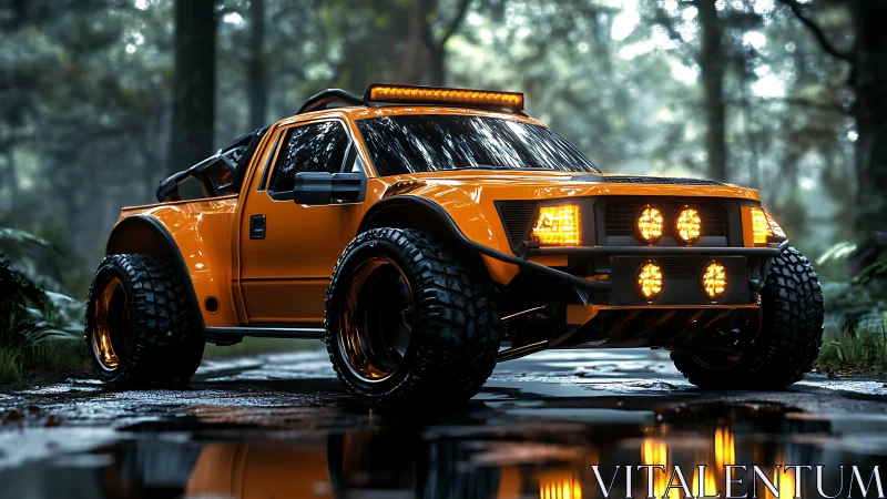 Off-road orange truck glows defiantly in a misty forest trail