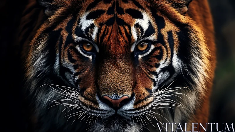 Fierce tiger gaze glows warmly against deep shadowed background