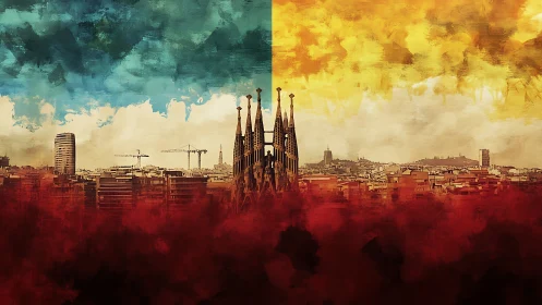 Barcelona skyline divides under teal and golden painted skies