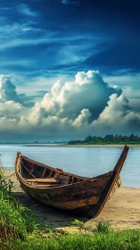 Weathered wooden boat grounded on riverbank under towering cumulus