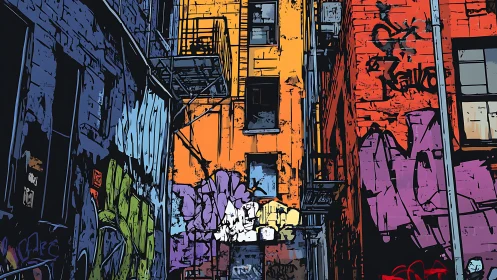 Urban alleyway bursts with bold neon graffiti and grit