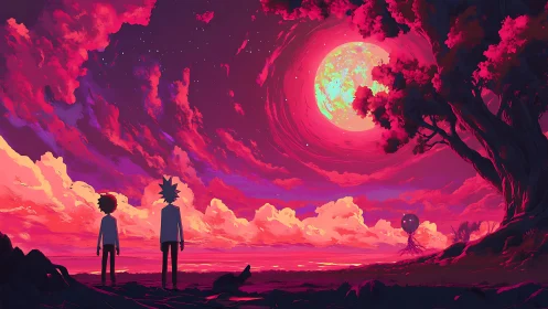 Crimson skywalk under a moonlit cosmic shoreline.