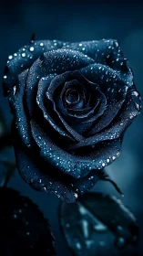 Midnight blue rose holds glistening dewdrops in darkness
