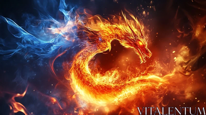 Fiery dragon spirit coils in glowing embers and cool blue mist
