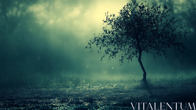 Gentle lone tree glowing softly in a misty green dawn.