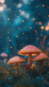 Cluster of red mushrooms stands in shallow forest ground
