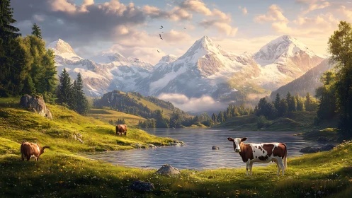 Sunlit mountain meadow welcomes peaceful grazing cows by lake
