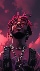 Digital portrait rapper under neon pink sky at dusk.