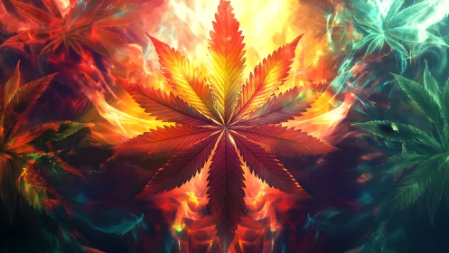 Cannabis leaf glows in multicolor fiery digital background