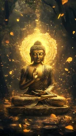 Golden seated Buddha statue in forest with radiant halo.