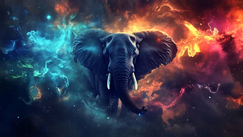 Majestic cosmic elephant strides through swirling nebula light