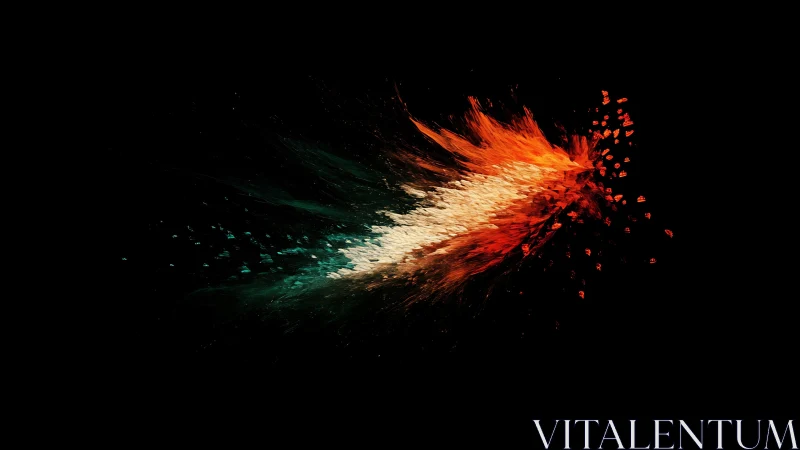 Abstract tricolor powder burst on deep black background.
