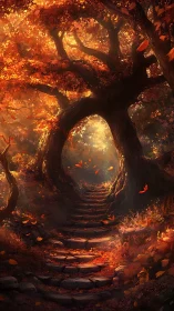Golden autumn gateway where forest steps invite wonder.