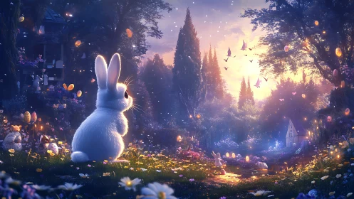 White rabbit watches glowing forest at pastel sunset.