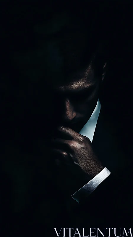Shadowed thinker in a suit wrapped in quiet midnight light.