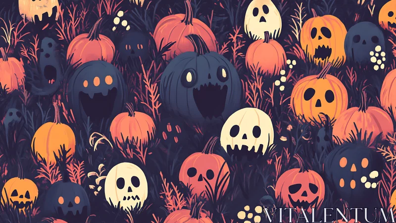 Halloween pumpkin field pattern with stylized ghost faces.