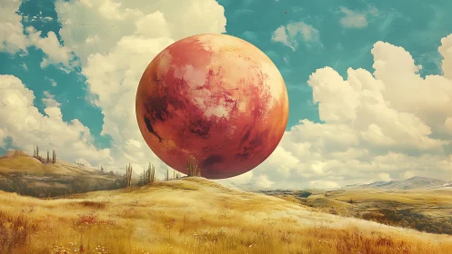 Giant red sphere floating over golden open landscape.