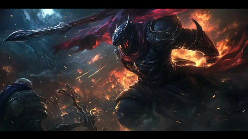 Armored shadow warrior charges through burning battlefield