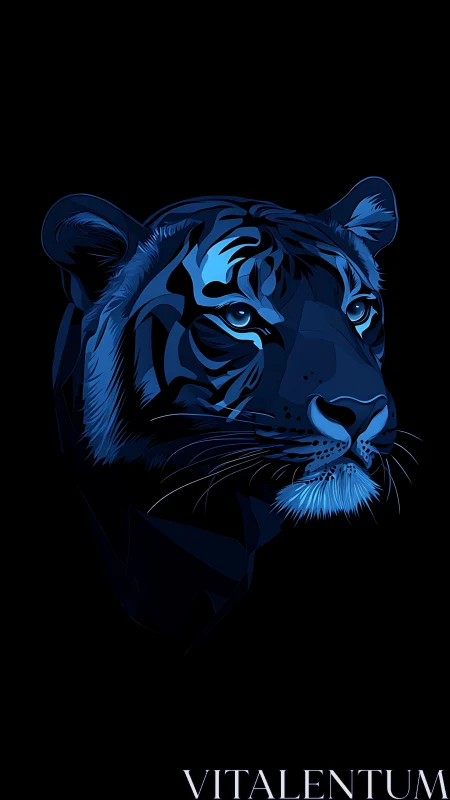 Blue-toned stylized tiger portrait on black background.