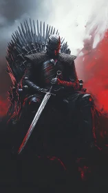 Armored dark king sits on spiked throne gripping sword