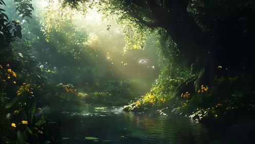 Subterranean Stream Canyon with Luminous Canopy and Atmospheric Light Diffusion