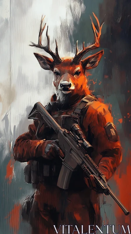 Anthropomorphic stag soldier stands poised in vivid battle hues