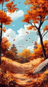 Autumn's Golden Path Through Falling Leaves.