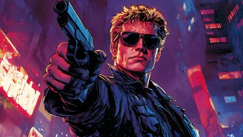 Neon-soaked vigilante aiming pistol in cyber city nightscape.