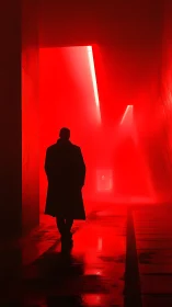 Silhouetted figure crosses a neon red corridor in silence.