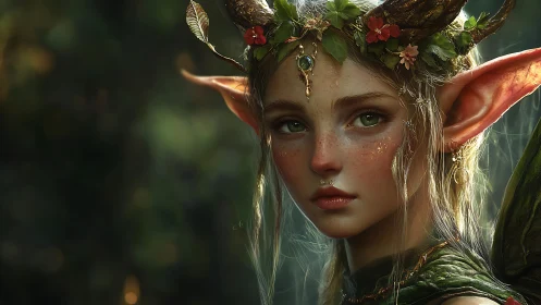 Forest elf portrait with horns, flowers, and warm light.