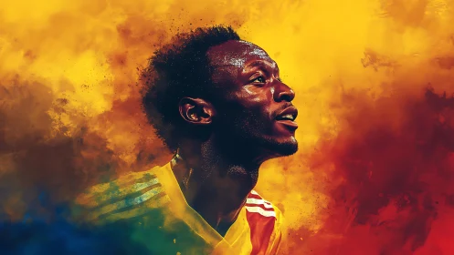 Dynamic football portrait glows in fiery abstract colors.