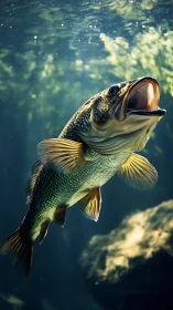 Underwater largemouth bass in dynamic axial ascent pose.