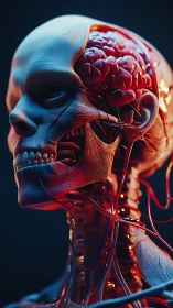 Human cranial anatomy cutaway with exposed brain and vessels.