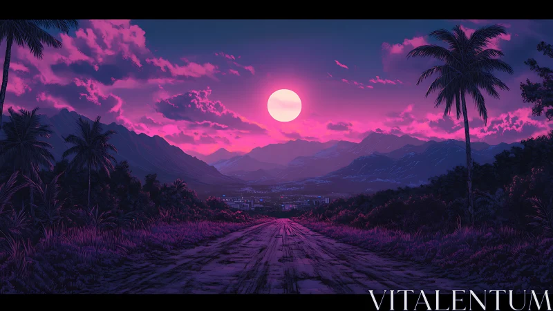 Neon magenta coast road under synthetic lunar afterglow.