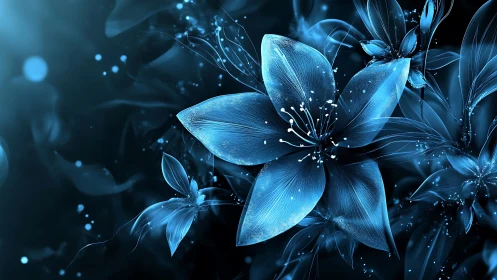 Luminous Blue Flowers Against Dark Background with Particle Effects