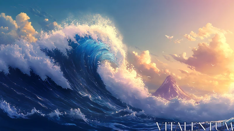 Large breaking ocean wave moves toward distant conical peak