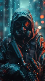 Hooded sentinel in neon snow, standing watch between worlds.