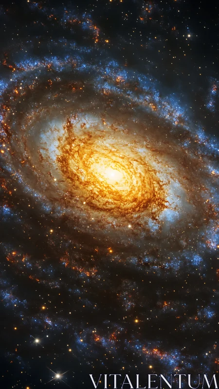 Spiral galaxy with bright golden core and blue star arms.