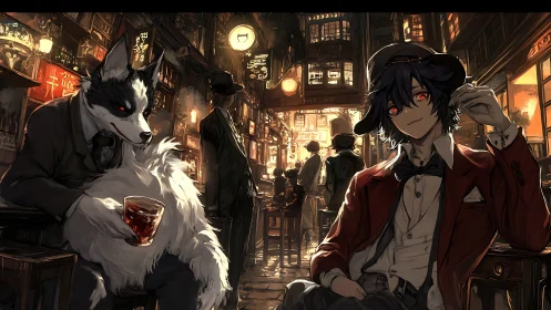 Anthropomorphic canine and human share night bar interior scene