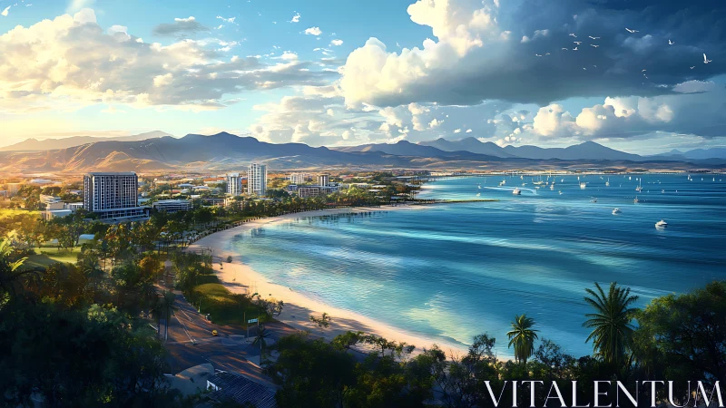 Coastal city shoreline with marina, high-rises and mountains.