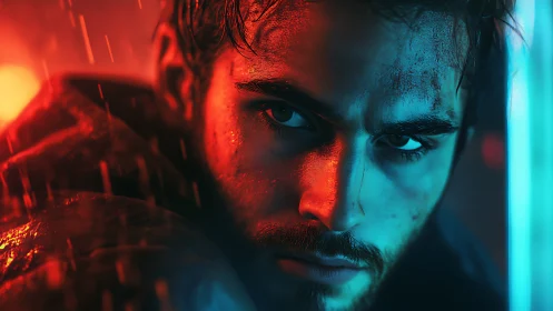 Stormlit vigil in neon blue and burning crimson rain.